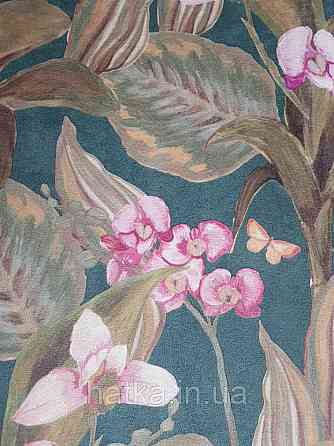 Шпалери вінілові Decoprint Breeze листя метелики квіти орхідеї лілії рожеві коричневі на зеленому 0.53х10 м Київ