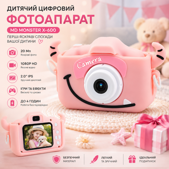 Дитячий цифровий фотоапарат MD Monster X-600 / GREPRO 1080P HD — Рожевий Київ