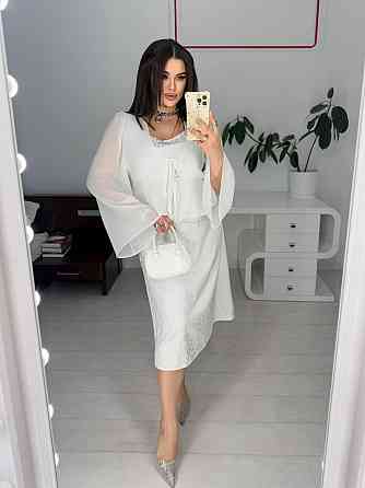 Жіноче базове шовкове плаття та шифонове блуза-плаття-плотний шовк + шифонова кофтинка Молочний, 58/60 Одеса