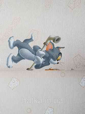 Шпалери вінілові на флізеліні AdaWall Ada Kids метрові дитячі Том і Джеррі сюжети написи на світло-бежевому Київ