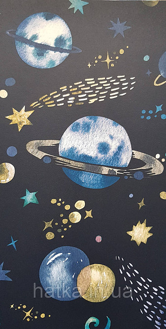 Обои флизелиновые эко Rasch Kids World 0.53х10 детские планеты созвездия звезды метеориты на черном Киев - изображение 2
