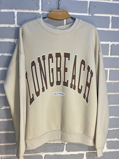 Свитшот женский Quzen 488 надпись впереди long beach флис утепленный светло бежевый, світло-бежевый, Одесса - изображение 5