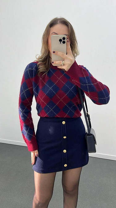 Женский оверсайз свитер в геометрический принт машинная вязка Синий Одесса - изображение 5