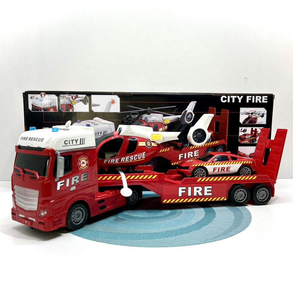 Трейлер Пожежна машина звуки підсвічування інерція гумові шини машинка вертоліт Червоний (666-66 F) Чернигов - изображение 1
