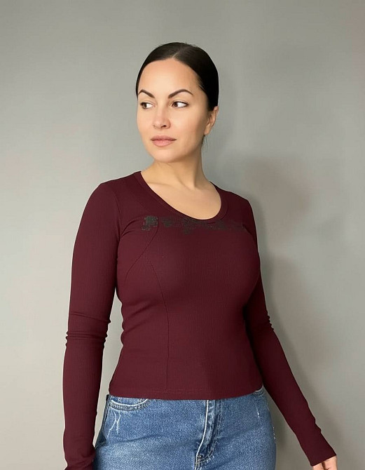 Лонгслів жіночий A-N 25079 рубчик реглан v-виріз з написом принт корсетні шви one size, бордовий, one size Київ - фото 13