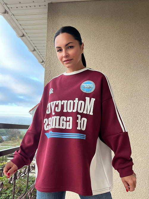 Свитшот женский W 9271 оверсайз широкий покрой надпись лампа утепленная на меху, бордовый, one size Киев - изображение 14