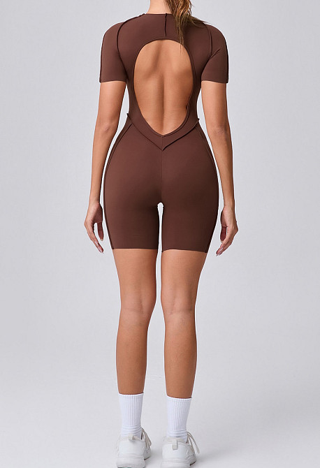 Женский фитнес комбинезон короткий с фактурными швами L Коричневый Кофе Шоколад, спортивный костюм с шортами трико боди для йоги спортзала Л Днепр - изображение 5