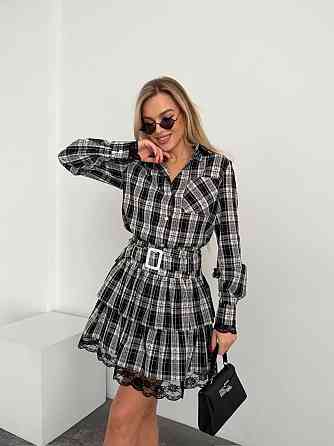 Женский стильный костюм двойка: рубашка и юбка с кружевом фланель Одесса