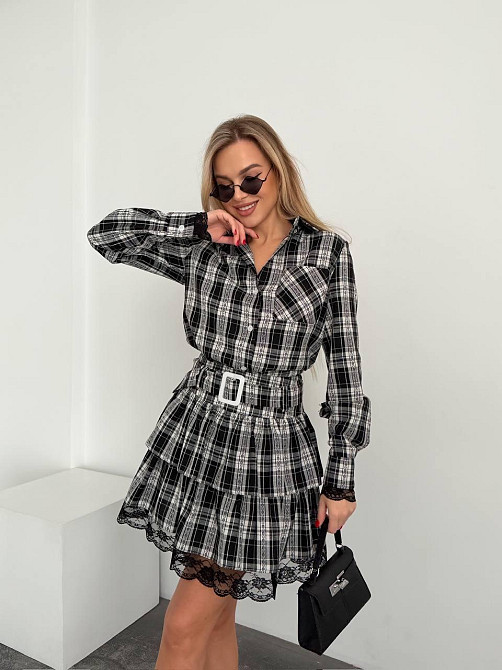 Женский стильный костюм двойка: рубашка и юбка с кружевом фланель Одесса - изображение 1