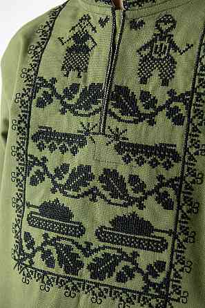 Детская вышиванка для мальчика длинный рукав льняная хаки, детская этническая одежда , детские вышиванки Киев