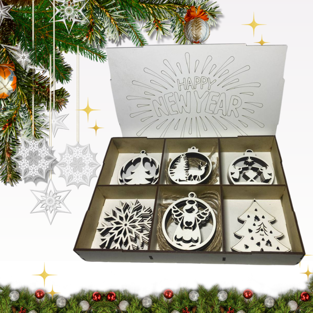 Набір дерев'яних іграшок на ялинку «Happy New Year» у кробці 30 шт, шість видів прикрас, розмір 27х18х4,5 см Кам'янець-Подільський - фото 1