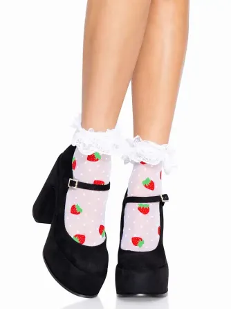 Шкарпетки жіночі з полуничним принтом Leg Avenue Strawberry ruffle top anklets One size, мереживні м Львов