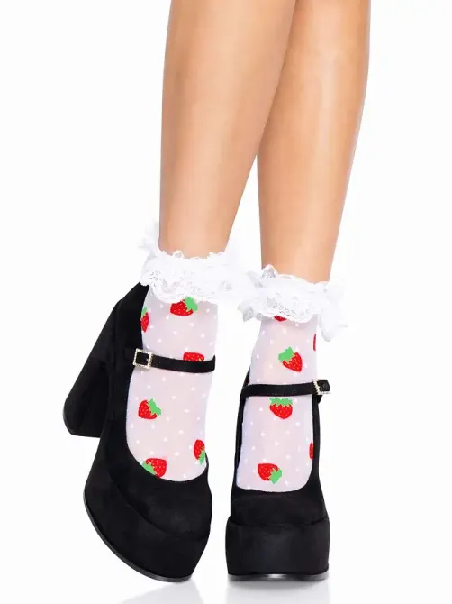 Шкарпетки жіночі з полуничним принтом Leg Avenue Strawberry ruffle top anklets One size, мереживні м Львів - фото 1