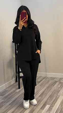 Жіночий стильний повсякденний костюм з V-вирізом двонитка Чорний, 60/62 Одеса