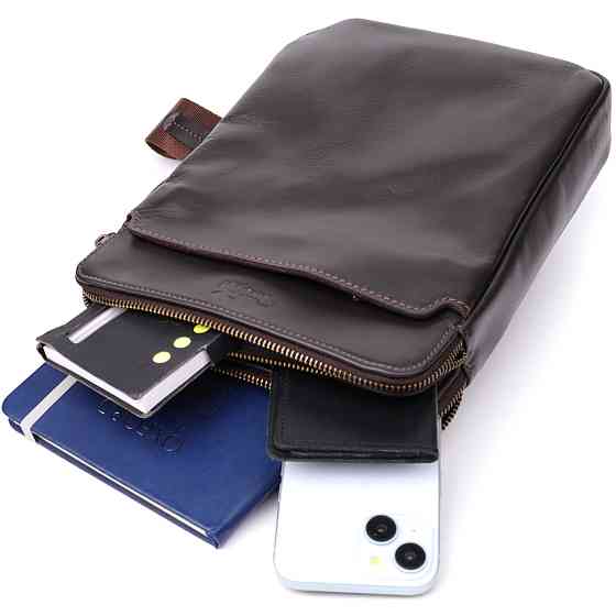 Вертикальная мужская сумка через плечо из гладкой натуральной кожи Коричневый (SHVIGEL) Киев