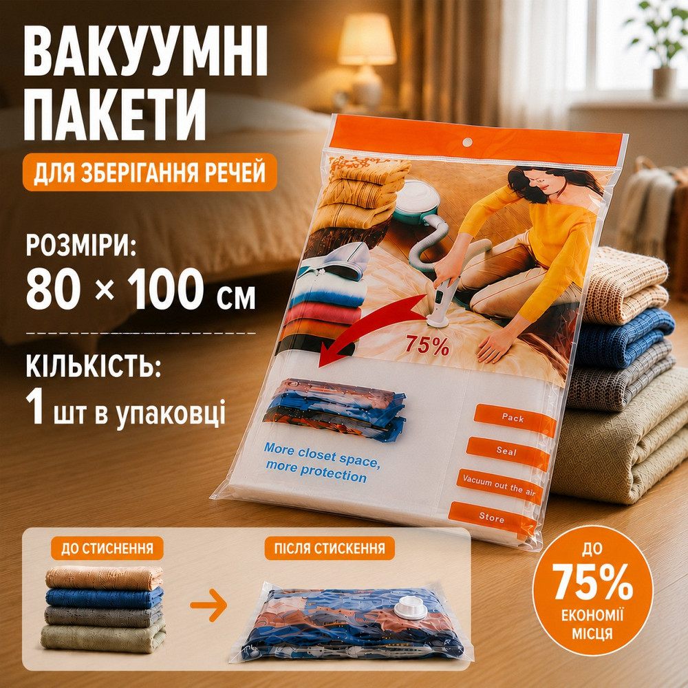 Вакуумный пакет с Zip-замоком для хранения одежды вещей багажа, с клапаном мешок вакуумный для хранения, 80х100 см Каменец-Подольский - изображение 10