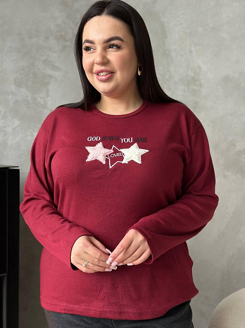 Пижама женская большого размера штаны и лонгслив батал PLUS SIZE с вышивкой звезды для дома и сна с длинными рукавами бордовая 3XL Одесса - изображение 6