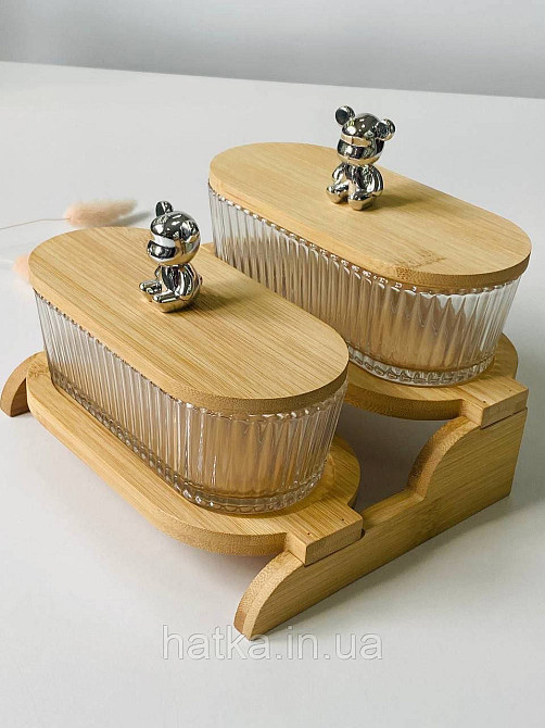 Набір для зберігання "Два ведмедя" скляна з бамбуковою кришкою та підставкою 350 мл Київ - фото 4