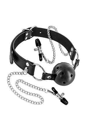 Воздухопроницаемый кляп с зажимами для сосков Fetish Tentation Rigid Gag Ball with Nipple Clamps Sex Aura Киев