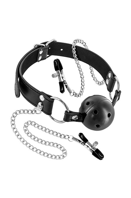 Воздухопроницаемый кляп с зажимами для сосков Fetish Tentation Rigid Gag Ball with Nipple Clamps Sex Aura Киев - изображение 1
