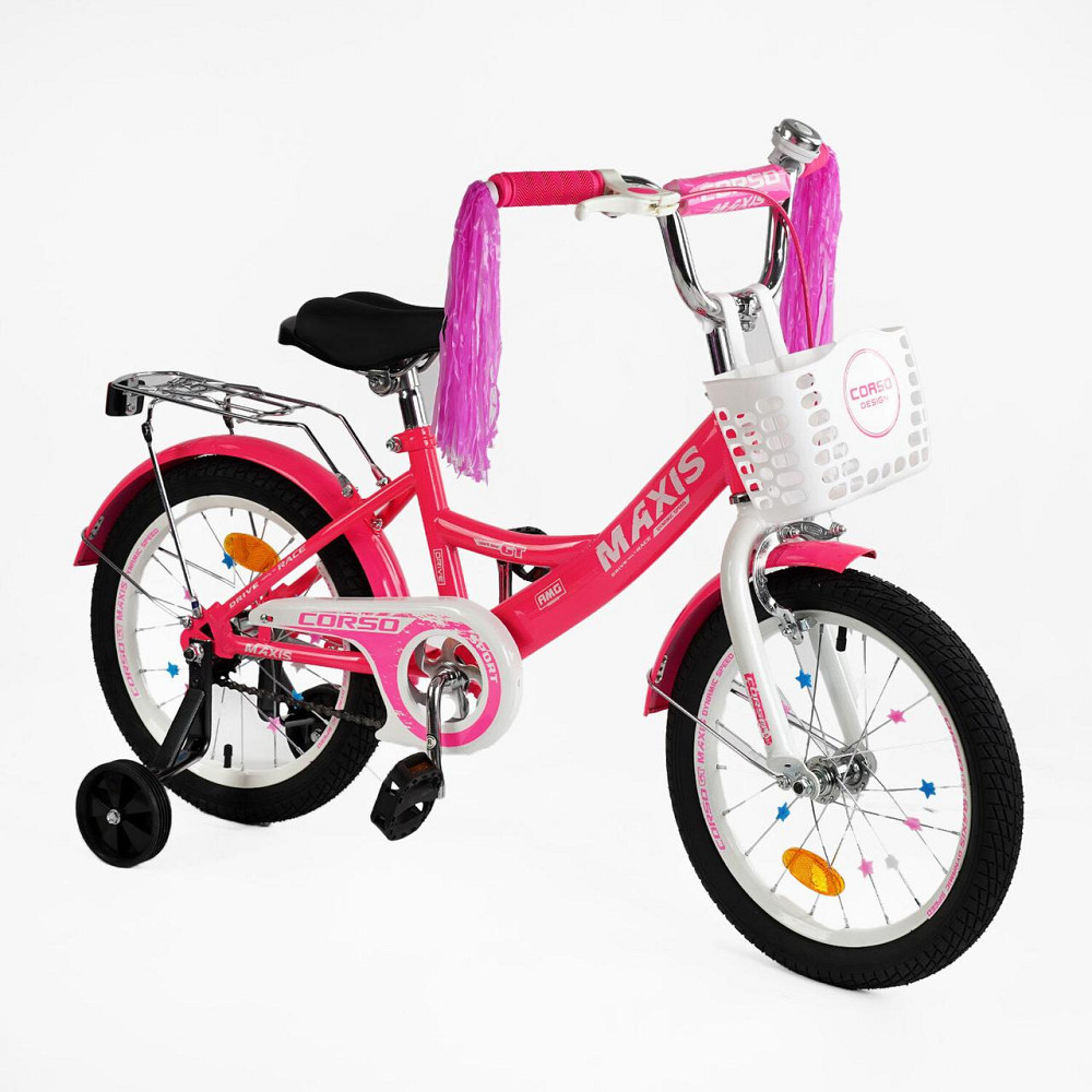 Велосипед 2-х колісний CORSO MAXIS 16 дюймів ручне гальмо кошик сидіння з ручкою додаткові колеса Рожевий (CL-16113) Чернігів - фото 1