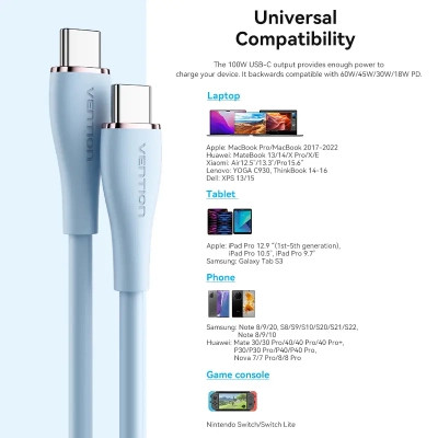 Дата кабель USB-C to USB-C 1.0m USB2.0 100W (20V/5A) Light Blue Silicone Vention (TAWSF) Винница - изображение 5