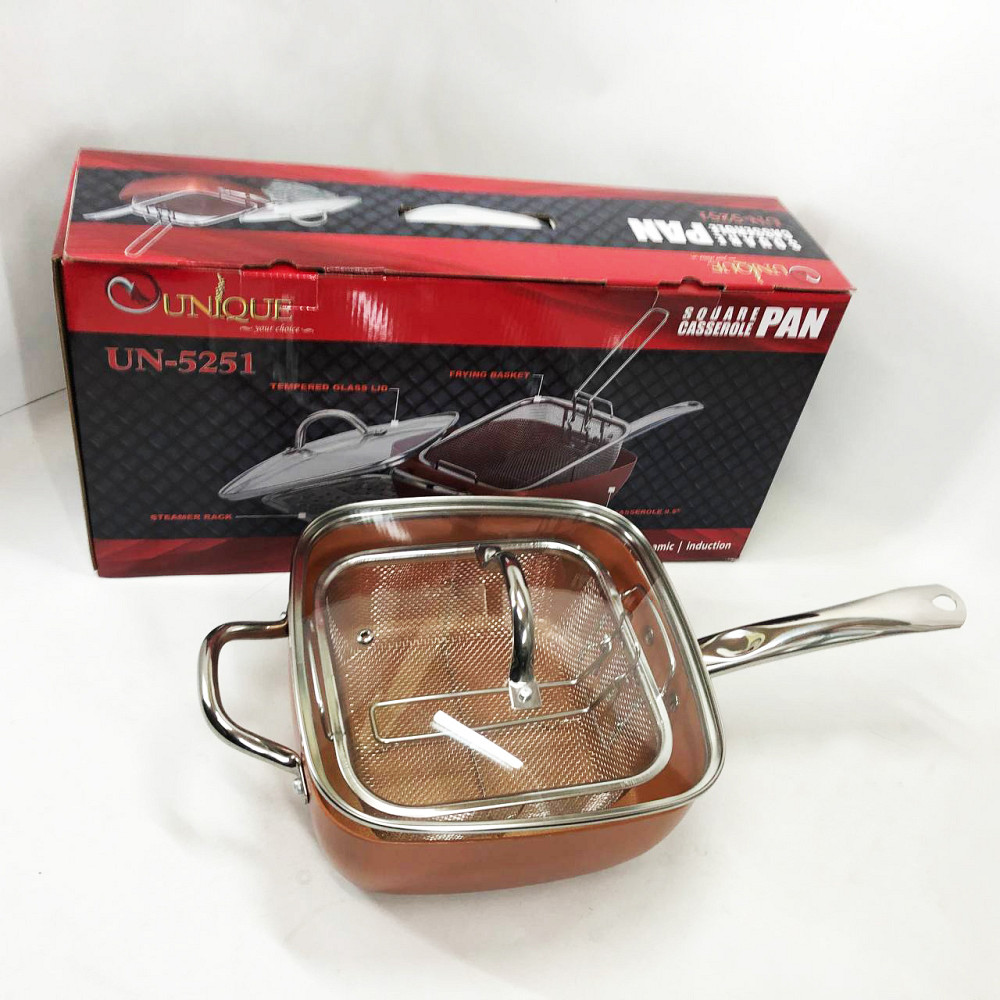 Сковорода-фритюрниця UNIQUE UN-5251 квадратна антипригарна з пароваркою та каструлею + скляна кришка 24 см IE-51 Львів - фото 17
