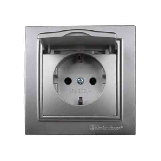 Розетка с заземлением с крышкой, влагозащищенная 16А, термопластик, Enzo серебряный камень Днепр