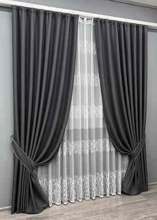 Комплект штор VR-Textil Лен Мешковина 150х270 2шт и Тюль 400х270 1161ш-1675т Графитовый с белым 71-164/3 Киев