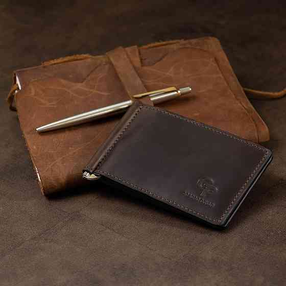 Шкіряний чоловічий затиск для грошей Коричневий (GRANDE PELLE) Київ