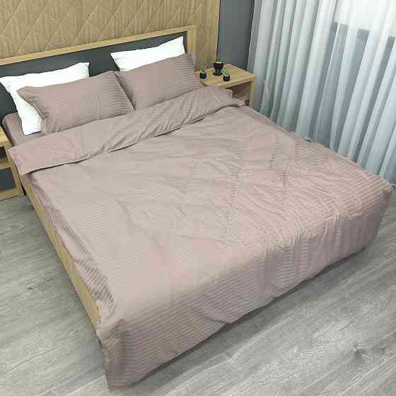 Комплект постільної білизни Страйп-сатин Двоспальний 180х220 з простирадлом на резинці Сіро-бежевий (88-183) Київ