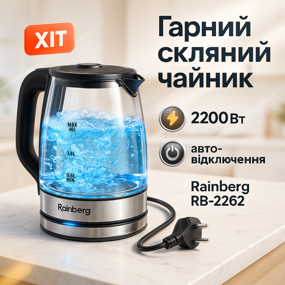 Электрочайник стеклянный с подсветкой качественный Rainberg, Качественный электрический чайник для дома LE-10 Львов - изображение 10