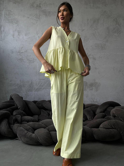 Женский стильный повседневный костюм из натуральной ткани-коттона. Лимонный, 46/48 Одесса - изображение 1
