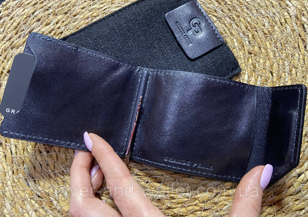 Затискач для грошей на магніті із гладкої шкіри чорного кольору Grande Pelle Soldi Київ - фото 3