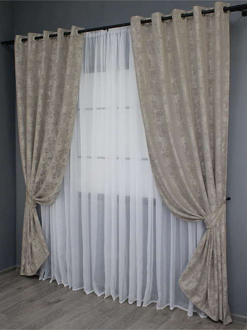 Комплект штор на люверсах VR-Textil Жаккард Sultan YL № 1206ш Серо-бежевый 150х250 см 2 шт (37-0076) Киев - изображение 3