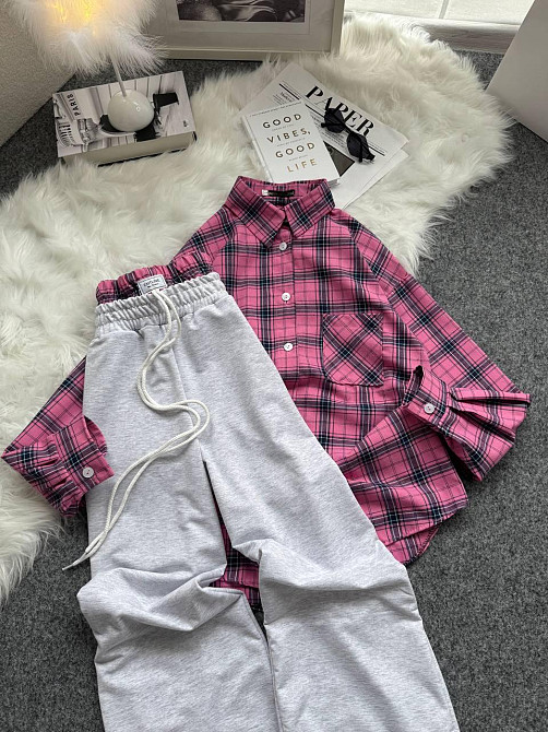 Женский повседневный костюм двойка: рубашка в клетку и штаны фланель + двунитка. Розовый 2, 48/52 Одесса - изображение 1