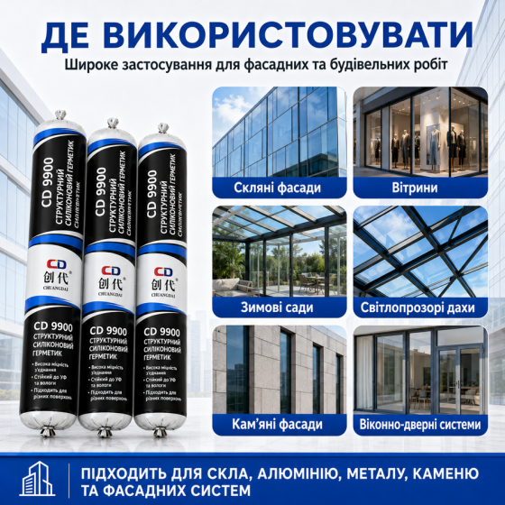 Силиконовый герметик CD 9900 нейтральный структурный белый, колбаса 590 мл, для строительных и монтажных работ (961799229) Киев