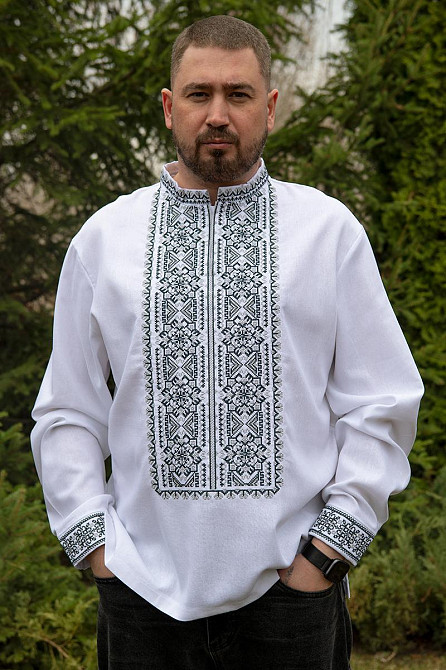 Вишиванка лляна чоловіча, довгий рукав, біла, (льон) топ   62 Київ - фото 1