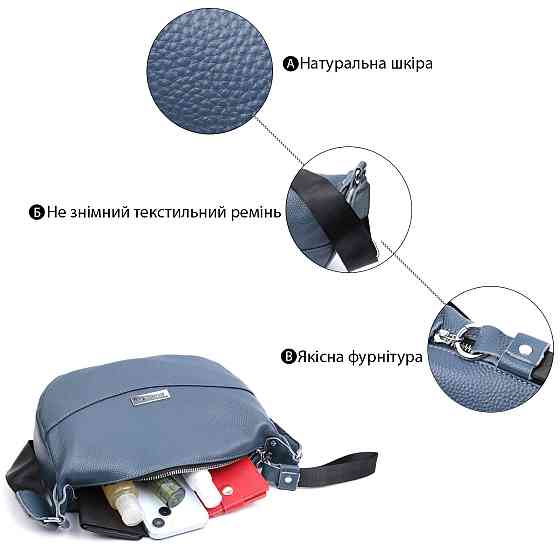 Сумка для жінок через плече з незвичайним бігунком брелоком з натуральної шкіри Vintage 22617 Синя Київ