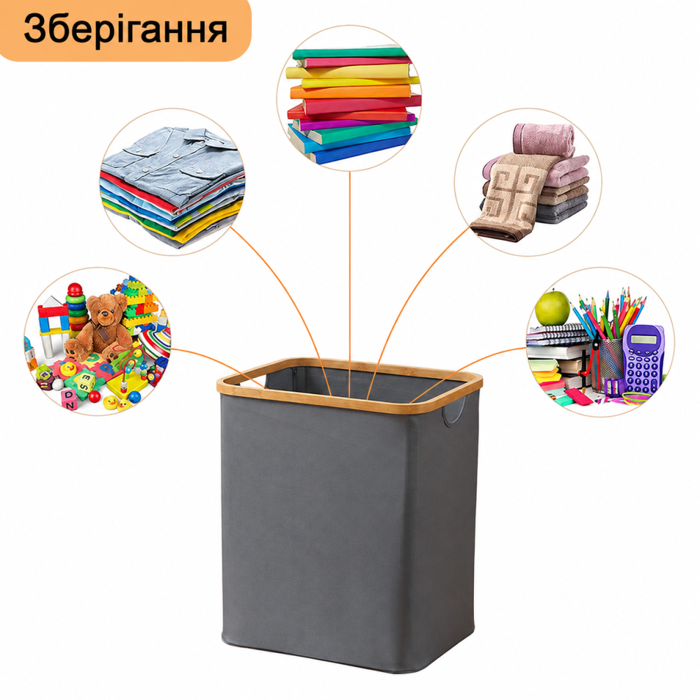 Корзина складная органайзер с крышкой для одежды вещей в гардеробе для стирки белья и бамбуковыми ручками,серая LB-45 Каменец-Подольский - изображение 2
