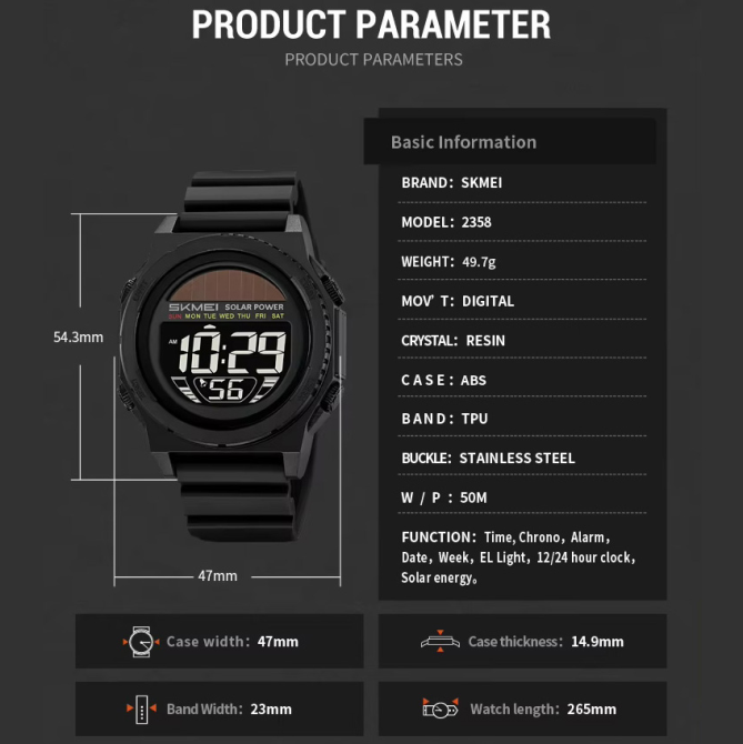 Часы наручные SKMEI 2358BKBK, BLACK-BLACK, Solar Power, 11464 Днепр - изображение 2