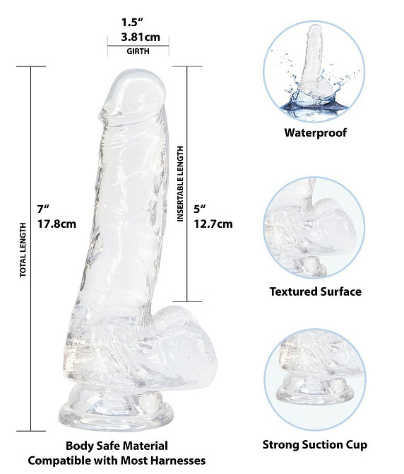 Прозрачный фаллоимитатор на присоске ADDICTION — Clear Dildo with Balls 7″, вибропуля в подарок Sex Aura Киев - изображение 2