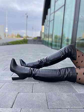 Nivelle Ботфорти демісезонні жіночі з натуральної шкіри чорні на підборах 5493 / Чоботи весна-о Коломия