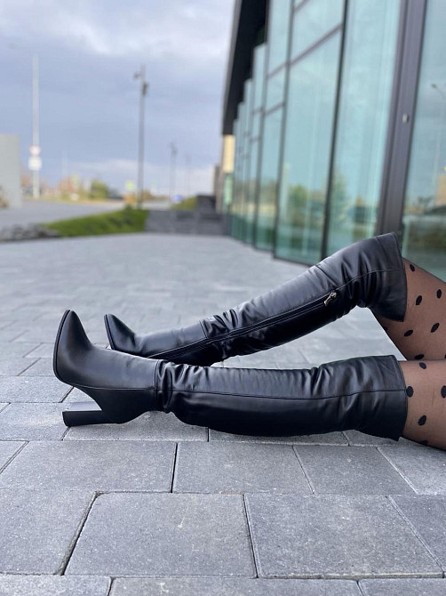 Nivelle Ботфорти демісезонні жіночі з натуральної шкіри чорні на підборах 5493 / Чоботи весна-о Коломия - фото 4