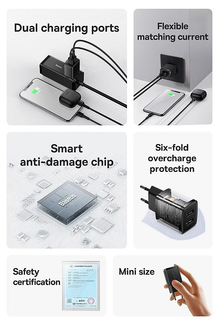 Универсальное сетевое зарядное устройство Baseus Compact Charger 2U 10.5W CCXJ010201 (Черное) Николаев - изображение 9