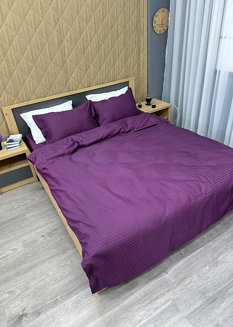 Комплект постельного белья Страйп-сатин Двуспальный 180х220 с простыней на резинке Баклажановый (88-088) Киев - изображение 4