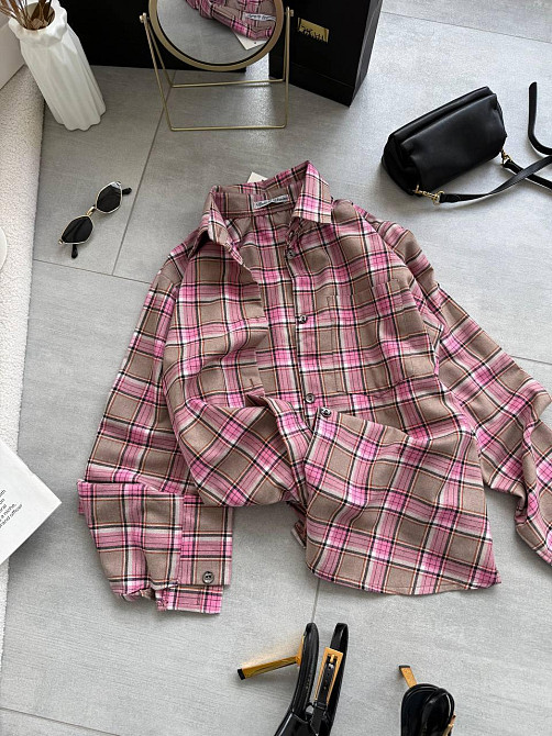 Женская повседневная оверсайз рубашка в клетку костюмный тиар Розовый Одесса - изображение 10