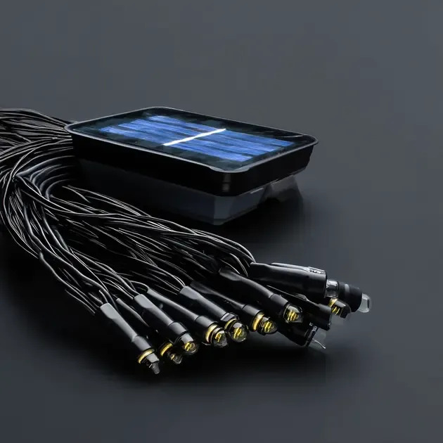 Гирлянда нить на солнечной батарее 500 LED 50 м черный провод желтый Коломия - фото 4