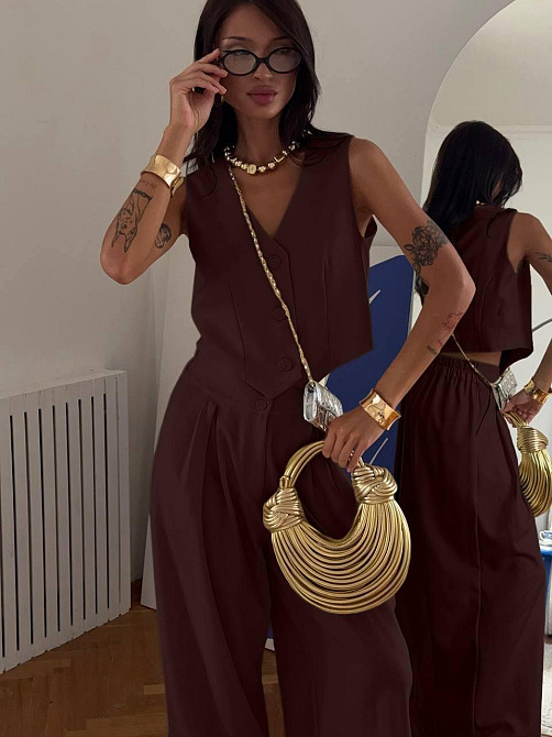 Жіночий стильний брючний костюм двійка: жилет і штани костюмка Шоколад, 44/46 Одеса - фото 3