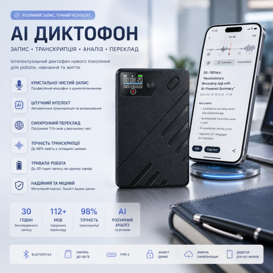 AI Диктофон E EAZEYAI 64GB Профессиональный смарт диктофон с транскрипцией 112 языков ChatGPT резюме USB-C Черный Киев